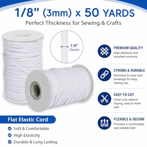 Lydia's Deal Elastic Cord 1/8 Inch (3MM) x 50 Yards White, Stretch Elastic String for Sewing, Crafts, Jewelry, Beading, Mask Ear Loop, Strong & Soft Elastic Roll - color: White, size: 1/8 Inch * 50 Yards