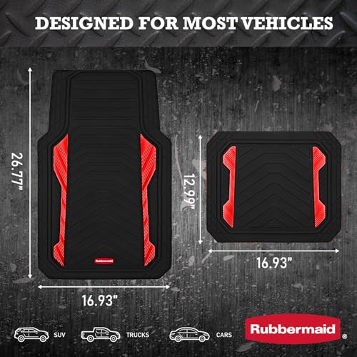 Rubbermaid Car Floor Mat, Heavy Duty All-Weather Car Mats Full Set with Dual-Tone Red Aluminum Inserts – Universal Fit, Anti-Slip Backing, Trim-to-Fit for Most SUV, Sedan, Van - color: Red