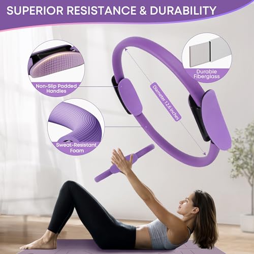 13 Pcs Pilates Essentials Kit for Women, Home Workout Equipment Set with 9.8” Ball, Magic Circle, Accessories, Perfect for Beginners to Toning & Fitness, Pink - color: Purple