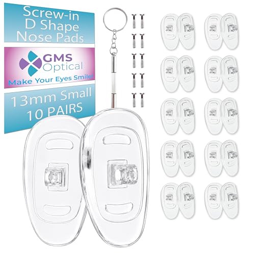 GMS Optical Screw-in Silicone Nose Pads for Glasses | 13mm Small, 7.2mm Width | Non Slip Nose Grips for Sunglasses, Eyeglass Accessories for Kids & Small Frames w/Screws & Screwdriver (10 Pairs) - size: (S)13mm - 10 Pairs