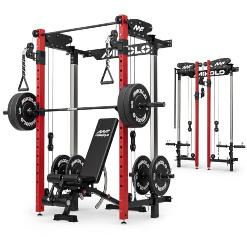 Mikolo Folding Squat Rack, Wall Mounted Power Rack with Cable Crossover Machine & LAT Pull Down, Functional Trainer with 5 Adjustable Function Modes, Home Gym Package - color: Red, size: WR00 Package (BP 230LB & Bar & Bench)