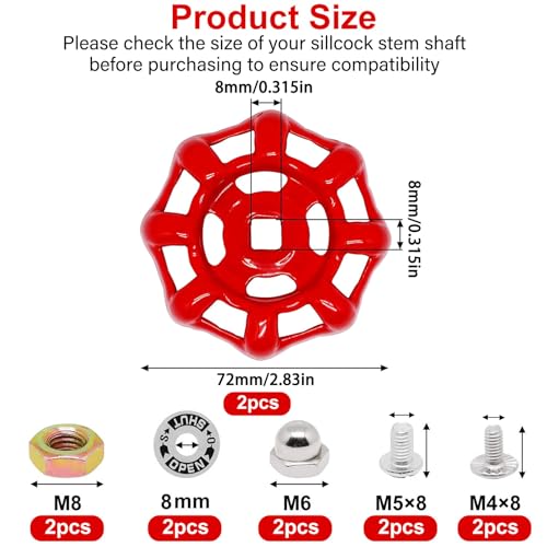 2 Pack Outdoor Faucet Handle, 8mm x 8mm (0.31" x 0.31") Square Stem Hole Faucet Handle Replacement, Cast Iron Round Wheel Water Spigot Handles Replacement with Screws Spacer (Red) - color: Red, size: 8mm x 8mm (2pcs)