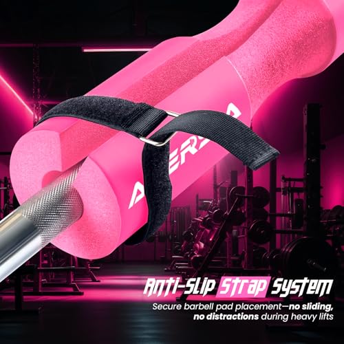 Barbell Pad for Squats & Hip Thrusts – 1.2” Extra-Thick High-Density Foam – Non-Slip Neck & Shoulder Support Cushion – Fits Olympic & Standard Bars – Quick On/Off Design + 2 Securing Straps - color: Pink