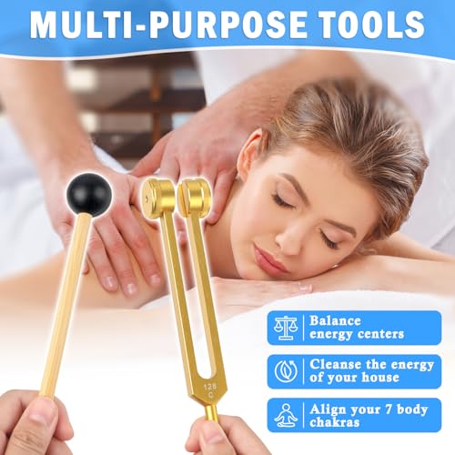 Tuning Fork Set (128Hz, 256Hz, 512Hz) of 3, Weighted & Unweighted Aluminum Forks with Reflex Hammer and Storage Bag for Chakra/Healing/Sound Therapy Instruments/Yoga/Meditation Accessories(Color) - color: 128Hz, 256Hz, 512Hz - Multicolor