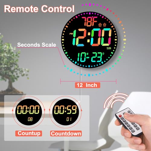QINFIEY Large 12" RGB Color Changing Digital Wall Clock with Remote Control | LED Display Plug-in Clock with 3 Brightness Levels & Temperature Display | Perfect for Home, Gym, Classroom, Office - color: Rgb, size: 12 Inch