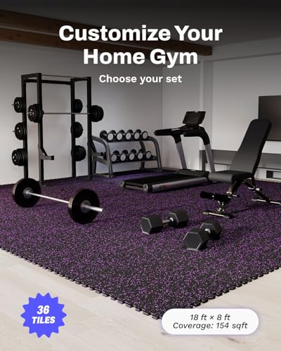 AIRHOP 0.56in Thick 144 Sq Ft Exercise Equipment Mats, 36 Tiles Upgraded Rubber Top with High Density EVA Foam, Large Interlocking Puzzle Gym Flooring for Home Gym, Heavy Weight Workout, 24 x 24in - color: Black/Purple, size: 144 Sq Ft (36 Tiles)