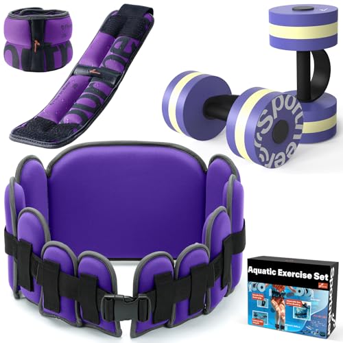 Sportneer Aquatic Exercise Equipment Water Aerobics Combo Set Includes High Density Water Weights Dumbbell Aqua Belt Water Ankle Weights for Pool Exercise Aquatic Therapy Pool Fitness Water Exercise - color: Purple, style: Aqua Fitness Set with 2lb Ankle