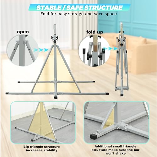 FC FUNCHEER Foldable Gymnastics Bar,5FT Horizontal bar,Adjustable Kids Training bar for Kids Ages 3-15,Kids Gymnastics bar,Triangle Stable Structure-Gym Equipment for Home - color: Grey, style: Bar-Swing-Rings