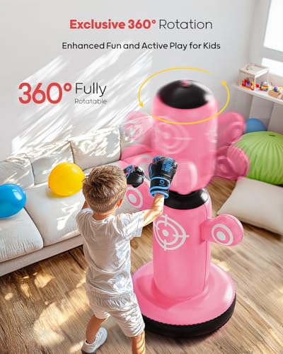 QPAU 360° Rotatable Punching Bag for Kids, Lager 64” Kids Punching Bag with Gloves, Hand Pump & 6 Targets, Bop Bag Inflatable Punching Toy, Karate Gifts for Boys, Girls - color: Pink