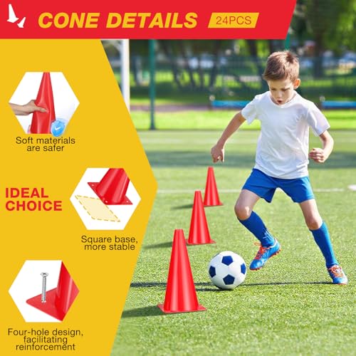 12 Inch Sports Cones Set of 24,Durable Training Cones for Soccer,Football, Basketball Drills - Multi-Purpose Agility Cones for Indoor & Outdoor Practice - color: red