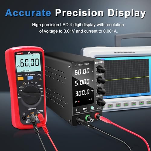 NICE-POWER DC Power Supply Variable 60V 5A, Adjustable Switching Regulated DC Bench Power Supply with Output Switch, High Precision 4-Digit LED Display, Benchtop Lab Power Supplies with 5V/2A USB Port - size: 60V 5A