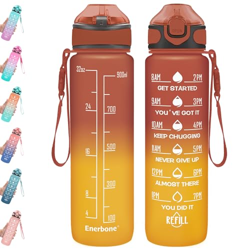 Enerbone 32 oz Drinking Water Bottle with Times to Drink and Straw, Motivational with Carrying Strap, Leakproof BPA & Toxic Free, Ensure You Drink Enough Water for Fitness Gym Outdoor - color: Amberglow