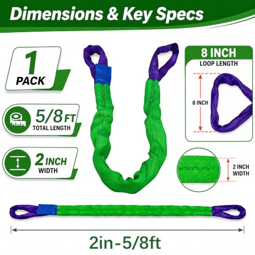 2" x 5' Lifting Slings Straps Polyester Heavy Duty Web Slings 4400 Lbs Vertical, 3520 Lbs Choker, 8800 Lbs Basket (Green/Purple) - size: 2 Inch x 5 Feet