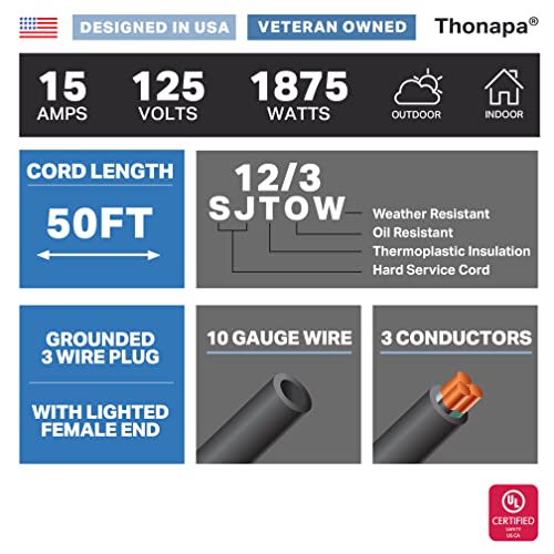 Thonapa 12 Gauge Extension Cord 50 Ft Outdoor - 12/3 Heavy Duty, 3 Prong | SJTOW Oil Resistant Black Cable, Lighted End, Grounded Plug, For Job Sites, Garden & Major Appliances - color: Black, size: 50 Foot