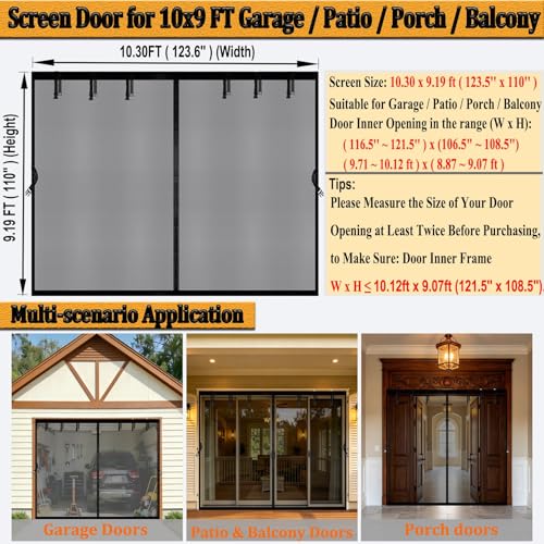 Magnetic Garage Door Screen 10x9 FT for 1 Car Garage, 10x9FT Fiberglass Screen Door, Heavy Duty Privacy Garage Net Screen, Hands-Free with 8 Roll Up Straps for Patio, Outdoor, Gym, Sun House Porch - size: 10x9ft
