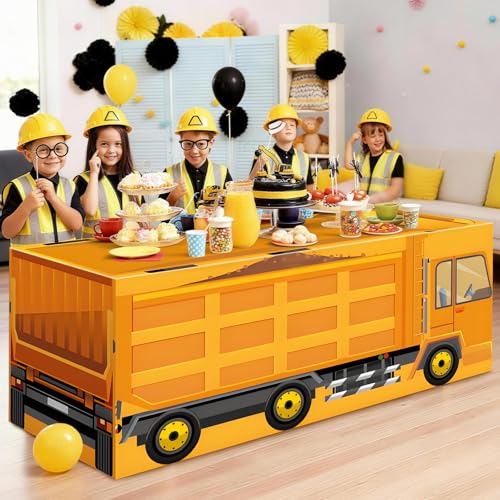 6FT Construction Dump Truck Tablecloth, Bold Yellow Heavy Equipment Print Washable Reusable Fabric Table Cover for Kids Birthday Table Decor, Construction Party Supplies, and Truck Theme Decorations - color: Dump Truck
