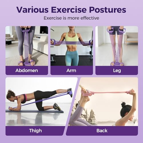 Pedal Resistance Band with Handle, 2026 New Upgrate 8 Tube Exercise Band 3‑in‑1 Multi-Function for Foot Pedal Pull, Back Stretch & Chest Expand, Portable Latex Fitness - color: Purple