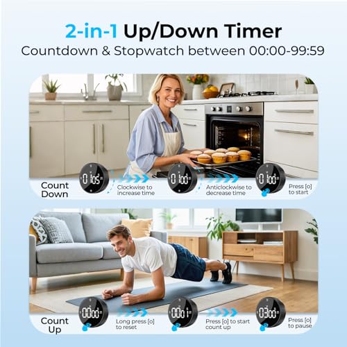 Rechargeable Magnetic Kitchen Timer for Cooking, Building 800mAh Battery Large Display Digital Countdown Countup Timer, 3 Preset 5/15/25 Mins Loud Alarm for Baking Grilling Studying - 2PCS - color: Black