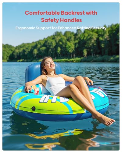 QPAU Inflatable River Tube, 0.4 mm Thickened Puncture-Resistant Heavy Duty River Float, River Raft with Ergonomic Backrest, Mesh Bottom & 2 Cup Holders for Adults and Friends Lake Float - color: Blue&Green