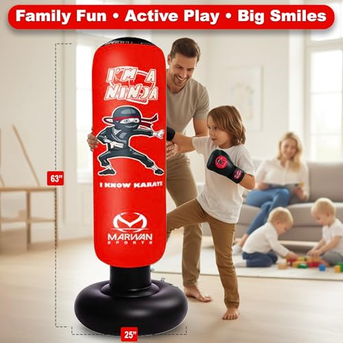 Marwan Sports Ninja Kids Punching Bag — Inflatable Sensory Toy & Birthday Gift for Boys & Girls Ages 4-12, 63" Freestanding 5-in-1 Kit, Indoor Apartment-Quiet Sensory-Friendly Active Play - color: Red (5 in 1)