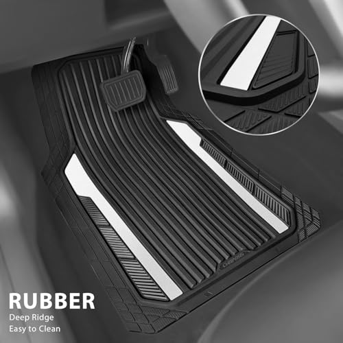 CAR PASS Heavy Duty Rubber Car Mats Metallic,Aluminum Film All Weather Floor Mats Waterproof Universal Trim to Fit SUVs Sedans Vans 4 Piece Anodized Deep Dish Two-Tone Sporty Black White Chrome - color: Black White
