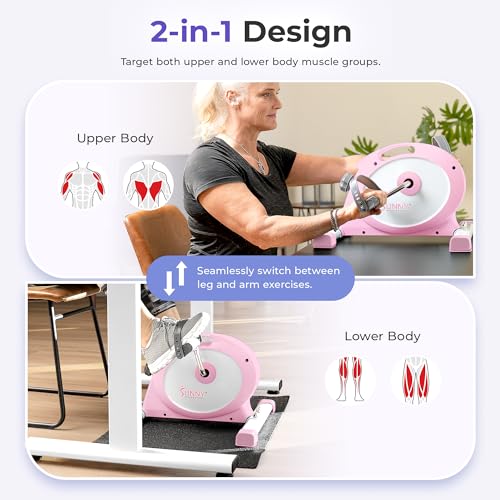 Sunny Health & Fitness Smart Under-Desk Bike Exerciser, Low-Impact Cardio Cycling Equipment for Home/Office, Mini Paddler for Arm/Leg Mobility Training, Free SunnyFit App - color: Pink