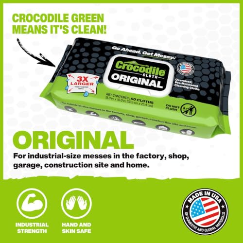 Crocodile Cloth Original Cleaning Wipes, Heavy-Duty Multi-Surface Hand & Tool Wipes, Water-Based, Safe on Skin, 50 Count, 15 x 10 Inch - size: 50 Count (Pack of 1)