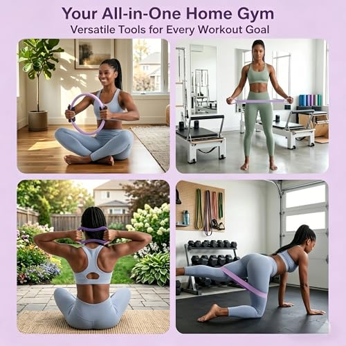 Pilates Kit, Home Pilates Equipment Set with Pilates Ring, Pilates Ball and 5 Resistance Bands, Core Strength Training Workout Kit for Flexibility & Muscle Toning - color: purple