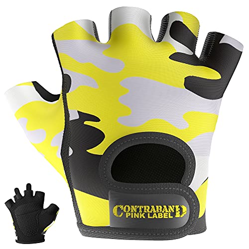 Contraband Pink Label 5217 Women's Design Series Camo Print Lifting and Rowing Gloves (Pair) - Lightweight Vegan Medium Padded Microfiber Amara Leather w/Griplock Silicone - color: Yellow, size: Small