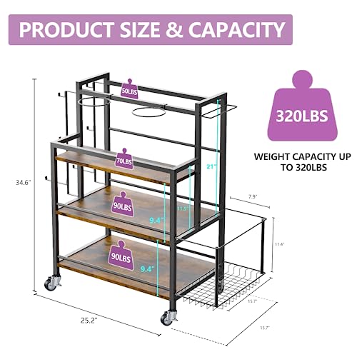 EasyCom Home Gym Storage Rack for Dumbbells, Kettlebells, Foam Roller, Weights - Yoga Mat Storage Rack - Yoga Mat Storage Cart with Wheels, Shelves, Hooks - Home Gym Storage Unit Equipment Organizer