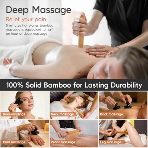 14 Pcs Hot Stones Massage Warm Kit Solid Bamboo Massage Stick Body Gua Sha Tool Heater with Temperature Adjustment, Basalt Hot Rocks Back Foot Body Massage for Home Spa Relieve Muscle Pain