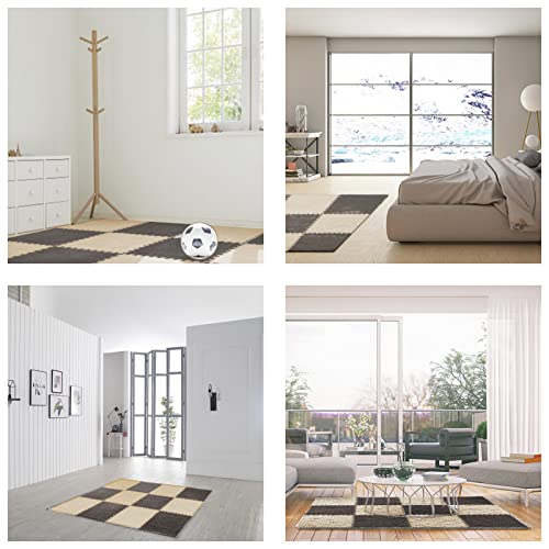 12 pcs Thickened Plush Interlocking Floor Mat 0.6" Thick- Fluffy Square Tiles with 12 Edgings Soft Anti-Slip Puzzle Area Rug Playmat for Room (11.8", Gray & Light Brown) - color: Gray & Light Brown