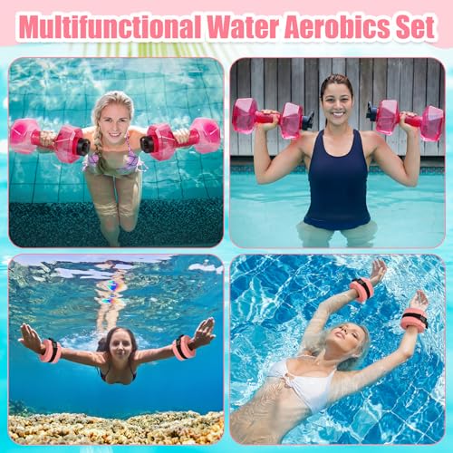 4 Pcs Water Aquatic Exercise Set 2 Ankle Wrist Swimming Weights 2 Water Aquatic Exercise Dumbbells PE Materials Dumbbell Aerobics with Non Slip Handle for Swim Pool Fitness Equipment