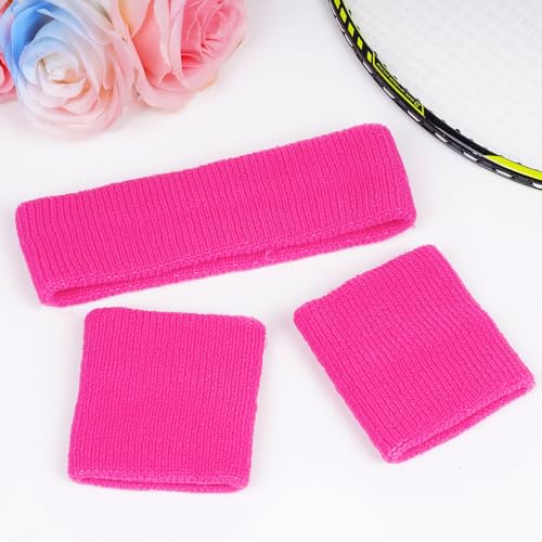Sucrain 3 Pieces Sweatbands Set, 1 Pieces Sports Headband and 2 Pieces Wristbands,Wicking Sweat Head Band for Youth Womens Men - color: Pink