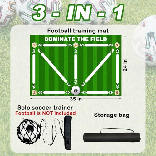 Football Footstep Training Mat, Soccer Training Mat 35 * 24IN, Soccer Skills Training Equipment with Storage Bag and Soccer Return Trainer Net - color: Green-White
