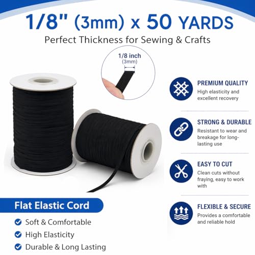 Lydia's Deal Elastic Cord 1/8 Inch (3MM) x 50 Yards Black, Stretch Elastic String for Sewing, Crafts, Jewelry, Beading, Mask Ear Loop, Strong & Soft Elastic Roll - color: Black, size: 1/8 Inch * 50 Yards