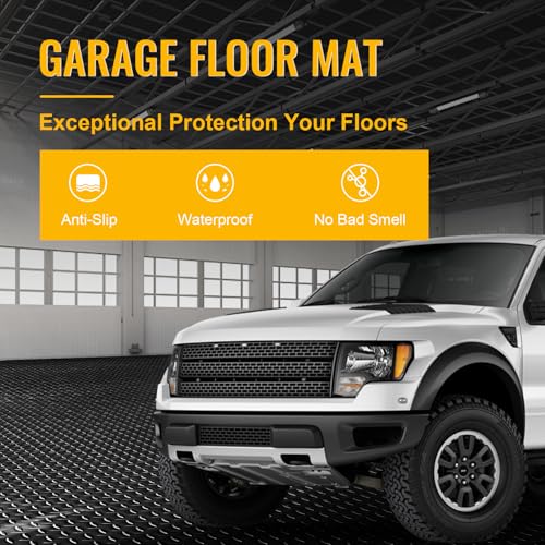 Grandroad auto 8x20 FT Garage Floor Mat, 2.8mm Thickened Flooring Roll for Under Car Diamond Plate PVC Rubber Mat with 20 Pcs Tapes, Non-Slip Floor Mat for Garage, Warehouse, Gyms, Trailer, Black - color: Black, size: 8×20FT