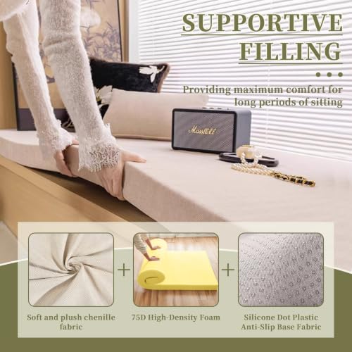 Custom Bench Cushions, Cat Claw Leather Fabric Bench Cushions for Indoor/Outdoor Furniture, Mudroom, Reading Nook, Kitchen Dining Room, Breakfast Nook, 75D High-Resilience Foam, Waterproof, Non Slip - color: [Herringbone Weave] Light Beige
