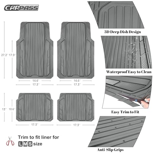 CAR PASS Heavy Duty Sporty Rubber Car Mats, Deep Dish All Weather Car Floor Mats Full Set, Waterproof Anti-Slip Automotive Matts Rugs Trim to Fit for Most Sedans SUVs Vans, 4-Piece All Gray - color: gray