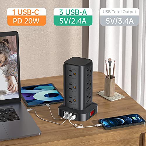 Extension Cord with Multiple Outlets, SMALLRT Surge Protector Power Strip Tower, PD 20W USB C, Outlet Extender with USB Ports 12 AC Outlets, 6.5FT Extension Cord for Home Office, Overload Protection - color: Black, size: 6.5 Ft without wireless charging 2