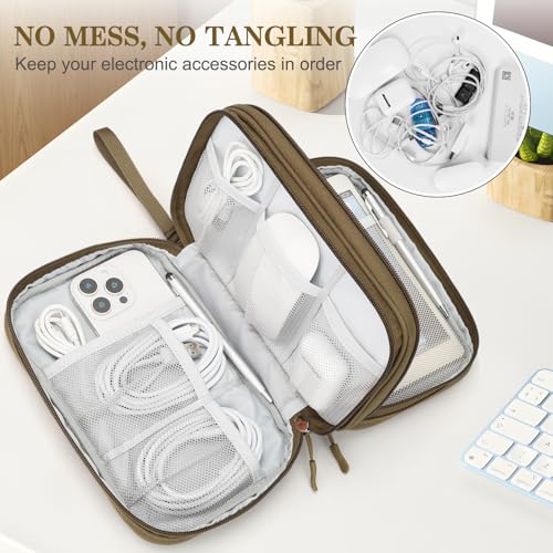 FYY Electronic Organizer, Travel Tech Pouch Bag, Large, Brown | Wrist Strap, Waterproof, Double Layers Portable Electronics Travel Carrying Case for Cord, Charger, Daily Business Trips Use - color: Brown, size: Large