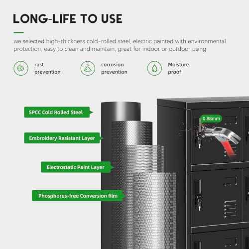 Greenvelly Metal Locker, 9 Doors Lockers for Employees with Keys,3 Tiers Small Steel Lockable Storage Lockers with Card Slots,Vents for Gym,School,Office,Kids Room(Black) - color: Black, size: 9 Doors
