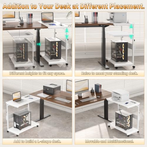 Besiost 32" Large Computer Tower Stand with Power Strips, 4 Levels Manual Height Adjustable PC Tower Stand for Under Desk, Mobile Rolling CPU Holder Computer Cart with Wheels, Carbon Fiber White - color: Carbon Fiber White, size: 32"