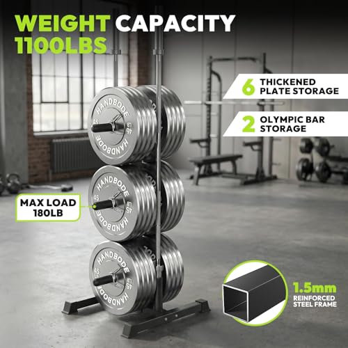HANDBODE Weight Plate Rack with Barbell Storage, 1100 lbs Capacity | 6-Peg Vertical Holder for 1- or 2-Inch Plates, Heavy-Duty Organizer for Home Gym - style: 420 LB - Set with Rack