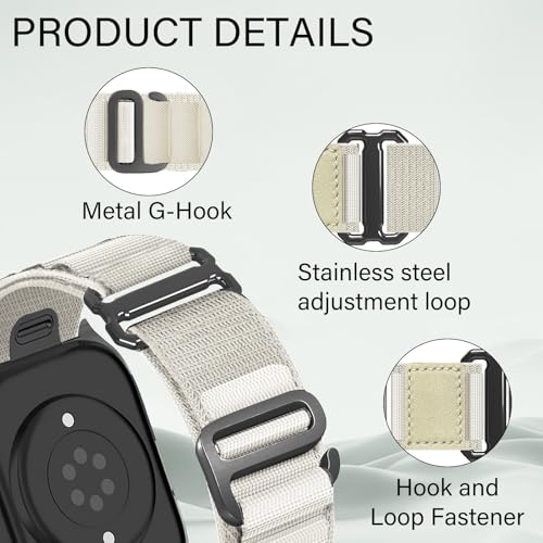 Alpine Loop Nylon Band - Compatible with Apple Watch Ultra 2/Ultra Bands 49mm 45mm 44mm for Men Women, Adjustable with Metal C Hook Strap for iWatch Ultra 2 iWatch Ultra Series 10 46mm SE/9/8/7/6/5 - color: Alpine/Starlight White Black