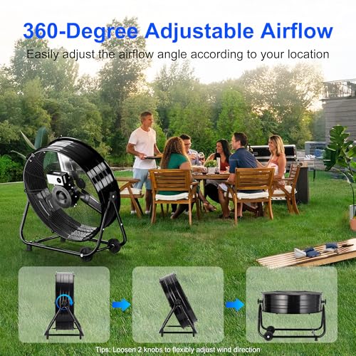 Uthfy 24 Inch High Velocity Floor Fan, 8800CFM Heavy Duty Industrial Drum Fan with 3 Speeds, 360° Tilt Metal Garage Fan with Wheels for Warehouse, Commercial, Workshop, Factory and Gym, Black