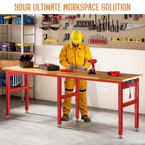 SPECRAFT 96" Red Adjustable Heavy Duty Workbench with 4 AC Outlet and 2 USB Ports Power Outlets, 6000 Lbs Capacity, Rubber Wood Top for Garage, Workshop, Office - color: Red, size: Standard/96"x24"