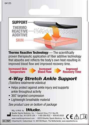 Mueller Sports Medicine FIR 4-Way Ankle Support Sleeve, Ankle Pain Relief Support for Men and Women, Ideal for Sprains, Strains, Arthritis, Black/Blue - size: Large/X-Large (Pack of 1)