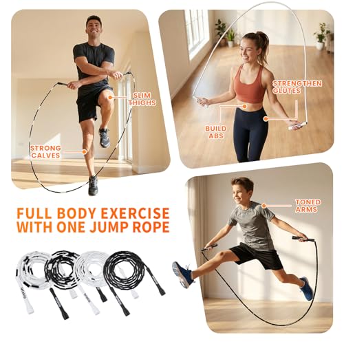 Classic Beaded Jump Rope, Adjustable Tangle-Free Set | 4 styles, segmented skipping rope with shatterproof PP beads, for indoor/outdoor fitness, kids & adults, 10 spare beads & bag - color: Black/White