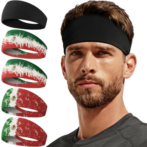 Sweat Band, 5 Pack Headband Moisture Wicking for Running Sports | Workout Sweatband, Unisex Fit, Non-Slip, Skin-Friendly, Multi-Use, Perfect for Exercise, Lightweight - color: Black+2 Mexico Flag-1+2 Mexico Flag-2